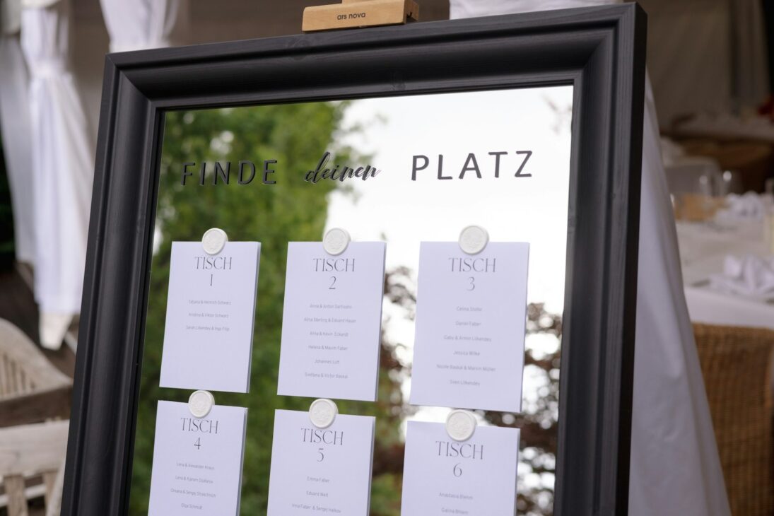 Seating chart with table assignments displayed on mirror