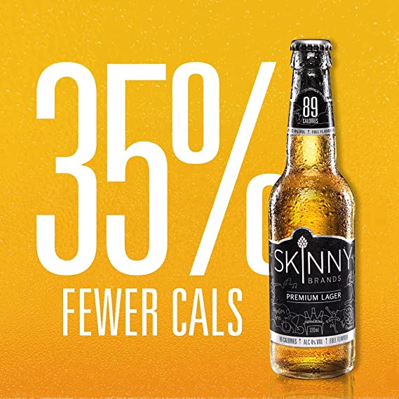 SkinnyBrands Premium Lager – a full flavour premium lager, that's 4% ABV and only 89 calories per bottle whilst also being vegan, gluten free and kosher.