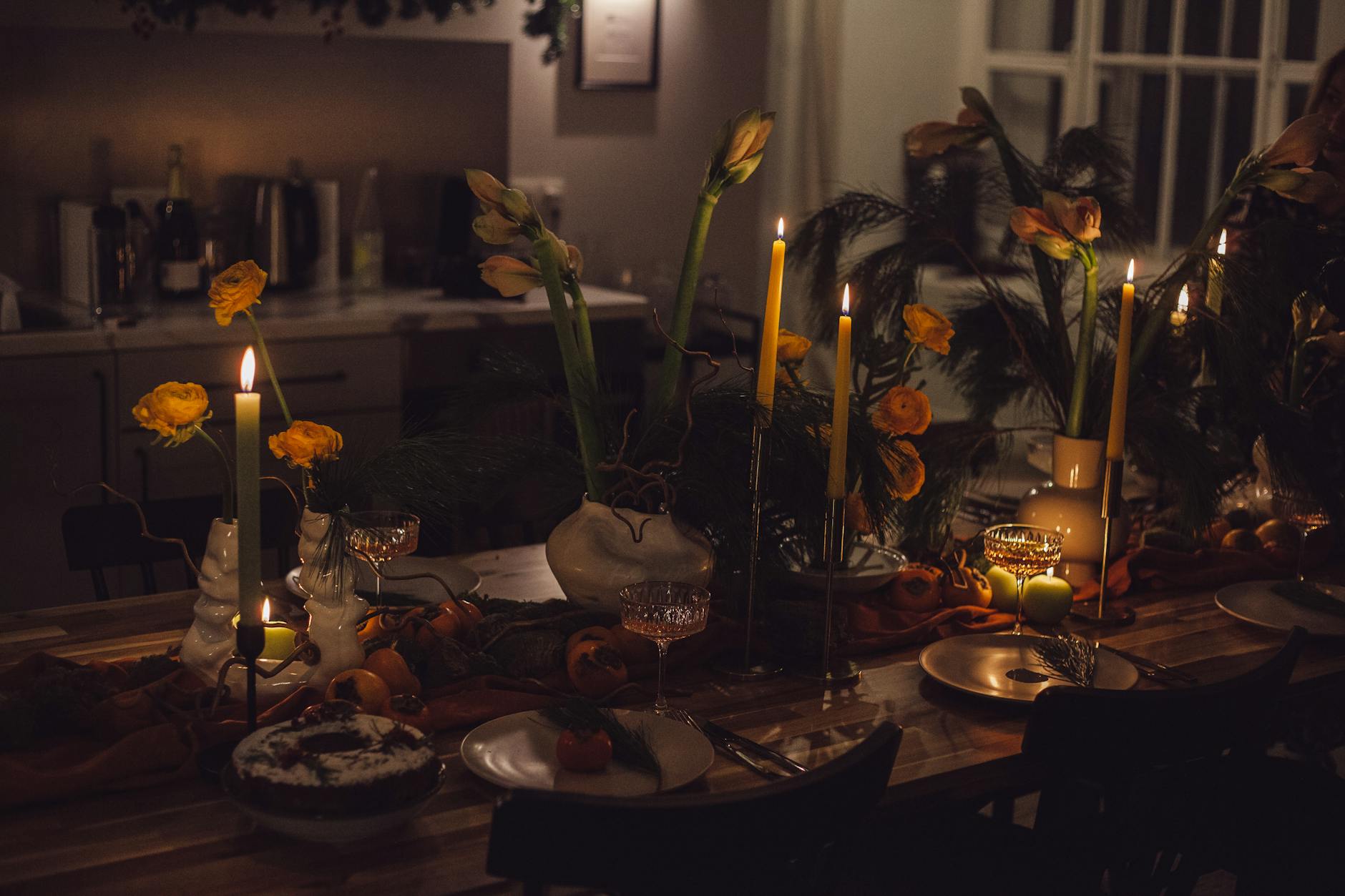 table decoration with candles for romantic dinner